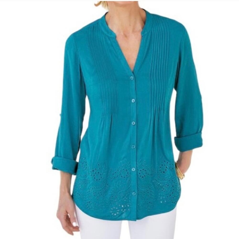 Soft Surroundings Pleated Eyelet Button Down Shirt size 1X